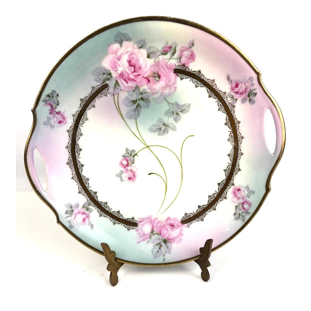 Antique Bavaria Germany Hand-Painted Porcelain Cake Plate Double Handle‎ Roses